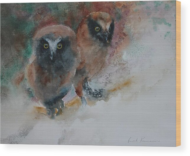 Owls Wood Print featuring the painting Two Hoots by Ruth Kamenev