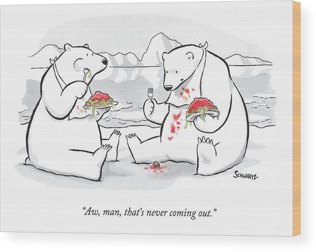 Polar Bears Wood Print featuring the drawing Two Polar Bears Eat Spaghetti And Meatballs. One by Benjamin Schwartz