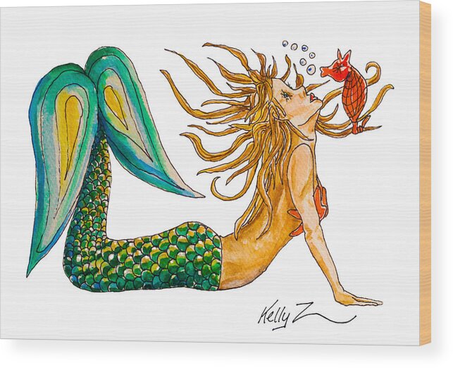 Mermaid Wood Print featuring the painting Up Dog and Rupert by Kelly Smith