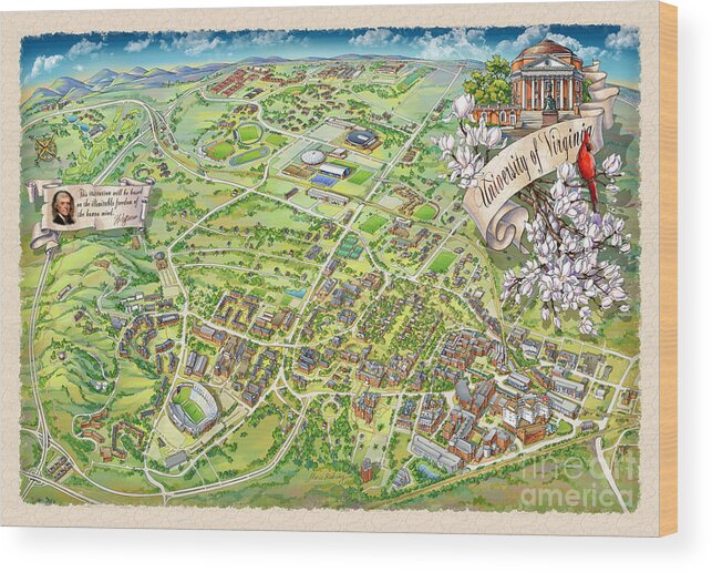 Uva Campus Illustrated Map Wood Print featuring the painting UVA Grounds Illustration 2014 by Maria Rabinky