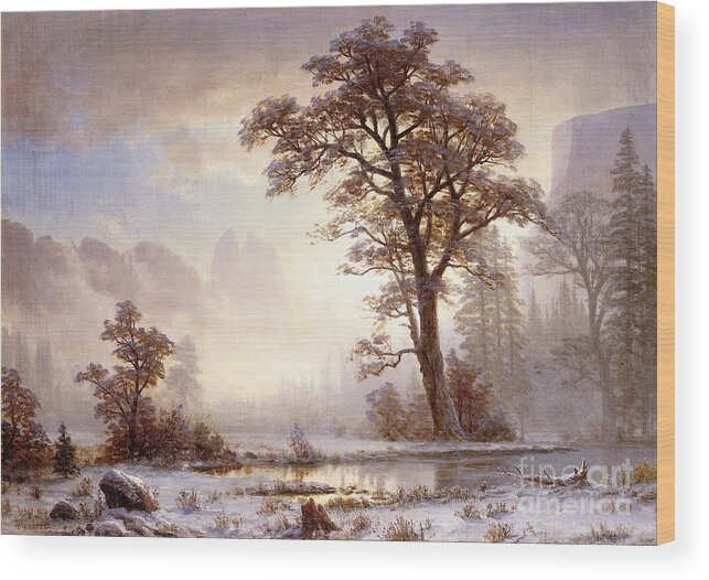 Albert Bierstadt Wood Print featuring the painting Valley of the Yosemite Snow Fall by Albert Bierstadt