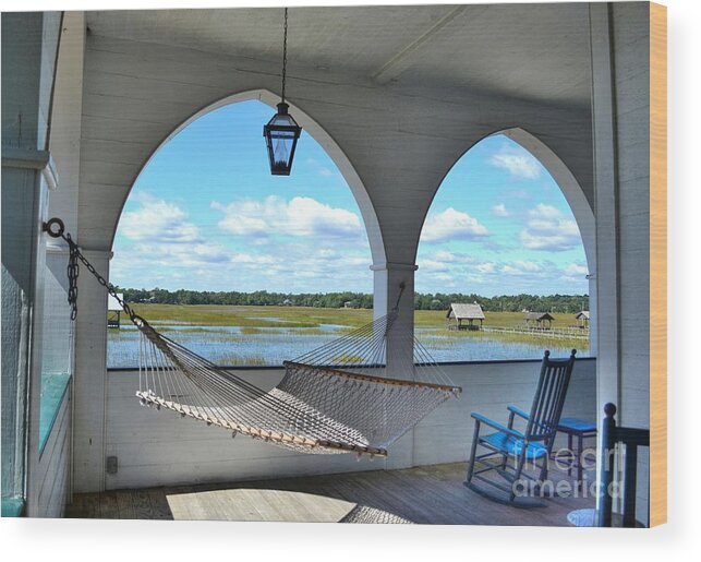 Scenic Wood Print featuring the photograph View Of The Marsh From The Pelican Inn by Kathy Baccari
