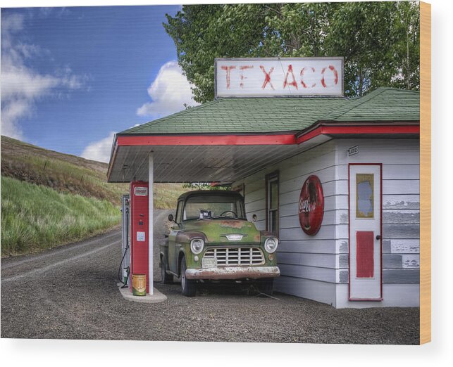 Trucks Wood Print featuring the photograph Vintage Gas Station - Chevy Pick-up by Nikolyn McDonald