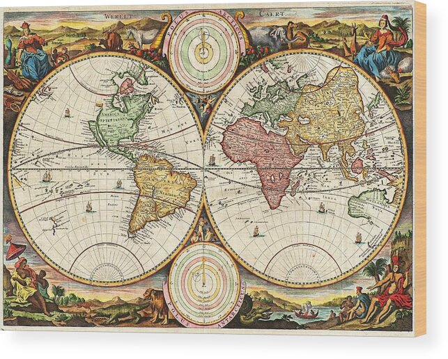 Antique Wood Print featuring the painting Vintage World Map by Daniel Stoopendaal