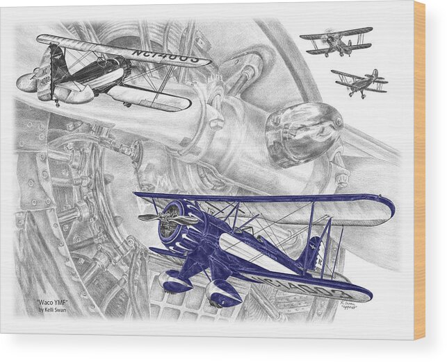 Waco Ymf Wood Print featuring the drawing Waco YMF - Vintage Biplane Aviation Art with color by Kelli Swan