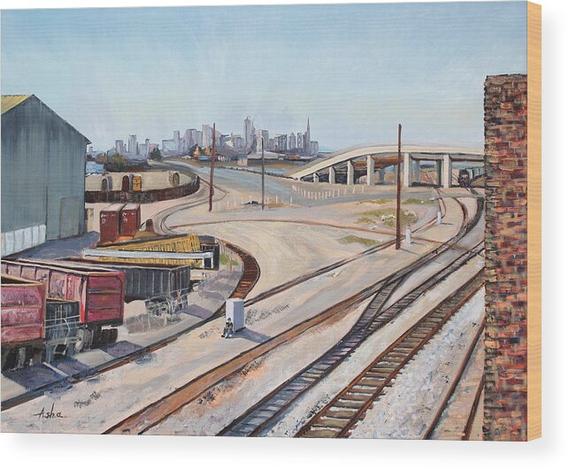 Urban Painting Wood Print featuring the painting Waiting for the Train by Asha Carolyn Young