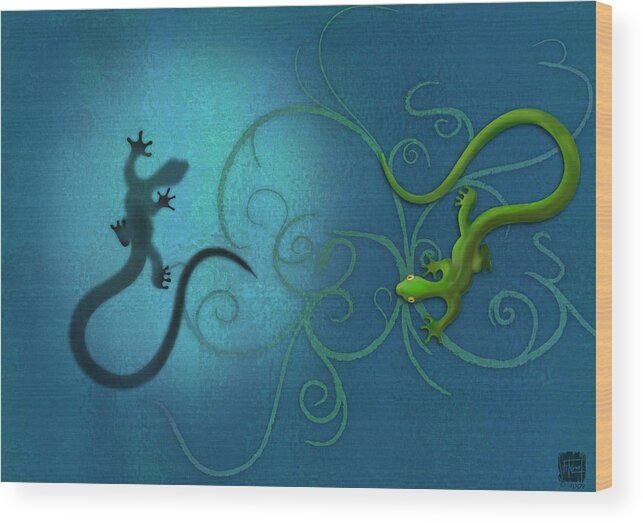 Gecko Wood Print featuring the digital art water colour print of twin geckos and swirls Duality by Sassan Filsoof