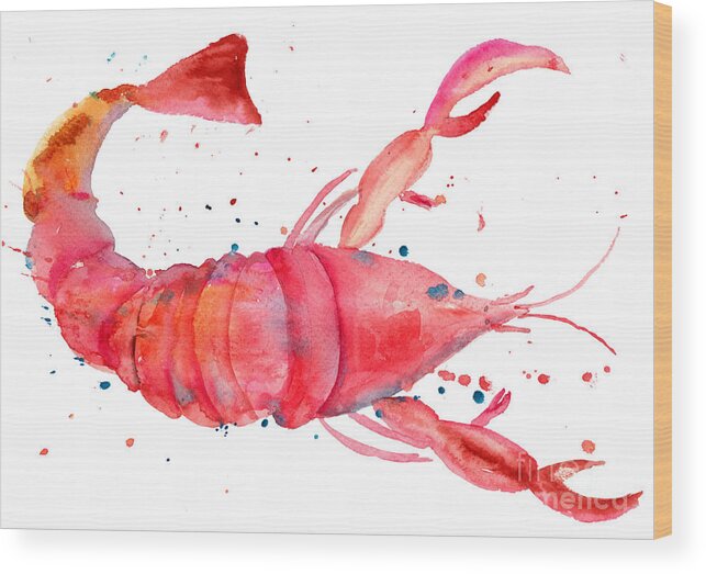 Claw Wood Print featuring the painting Watercolor illustration of lobster by Regina Jershova