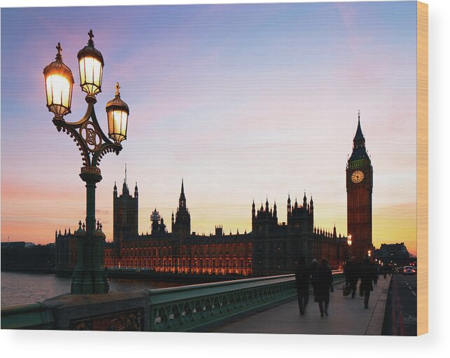 Clock Tower Wood Print featuring the photograph Westminster Bridge And Houses Of by Gary Yeowell