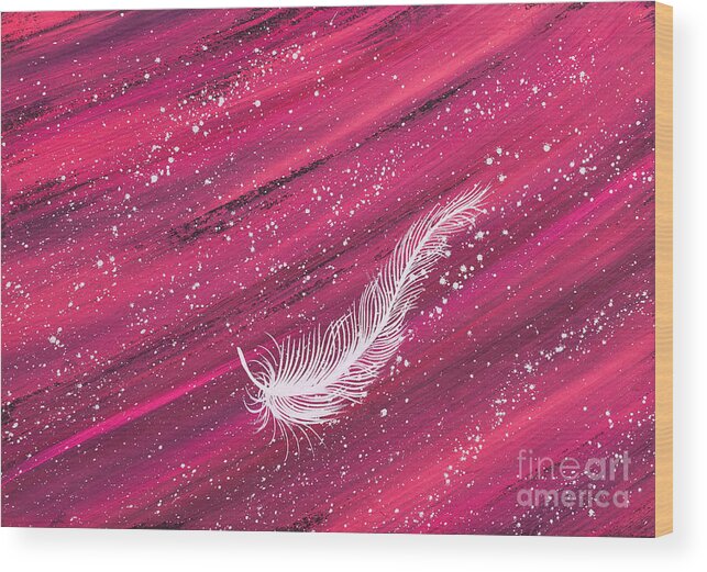 Feather Wood Print featuring the painting White spiritual feather on pink streak by Carolyn Bennett by Simon Bratt