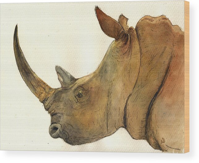 White Wood Print featuring the painting White rhino head study by Juan Bosco