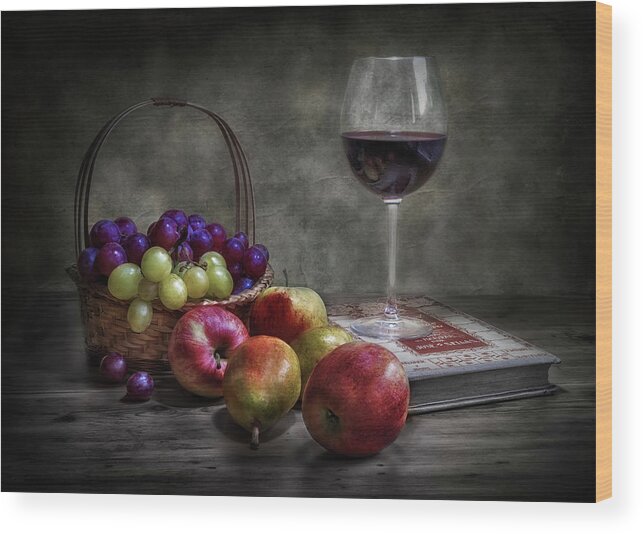 Wicker Wood Print featuring the photograph Wine, Fruit And Reading. by Fran Osuna