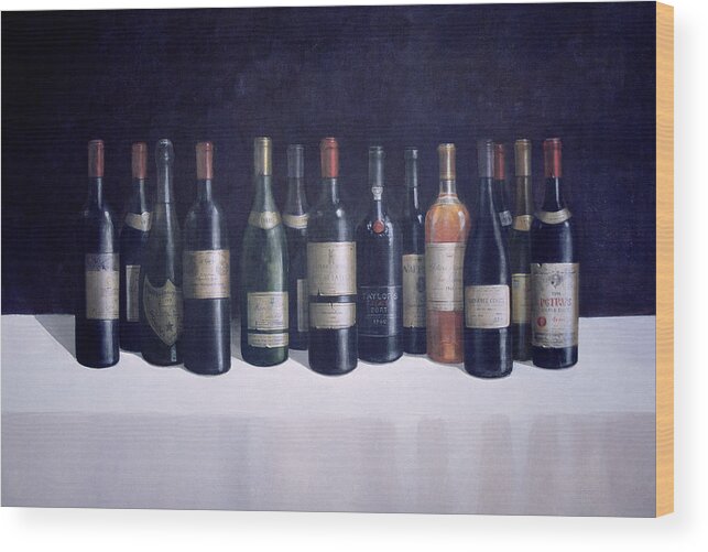 Wine; Bottle; Bottles; Red Wine; Port; Alcohol; Table; Still Life; Beverage; Drink; White; Wine Wood Print featuring the painting Winescape by Lincoln Seligman