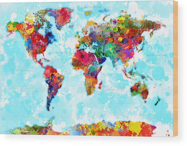 World Wood Print featuring the digital art World Map Spattered Paint by Gary Grayson