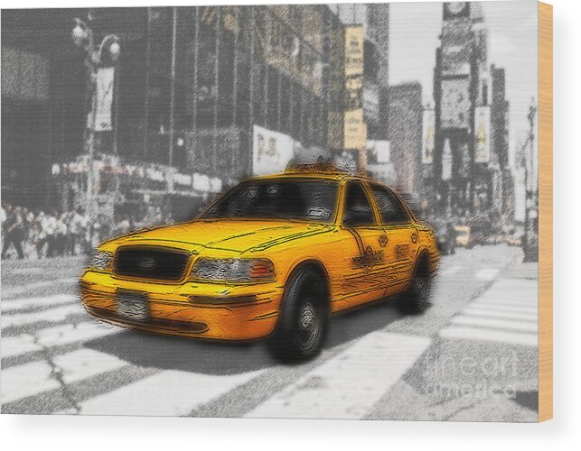 Hypo Vereins Bank Wood Print featuring the photograph Yellow Cab at the Times Square -comic by Hannes Cmarits