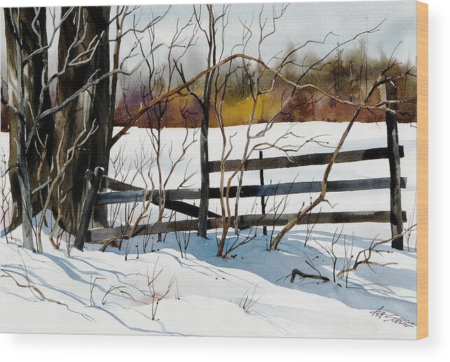 Frozen Snow Winter Scene With Old Fence And Trees. Wood Print featuring the painting  Fenced In Frost by Art Scholz