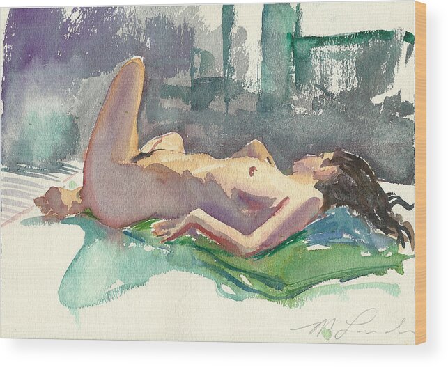 Watercolor Nude Wood Print featuring the painting Reclining Nude by Mark Lunde