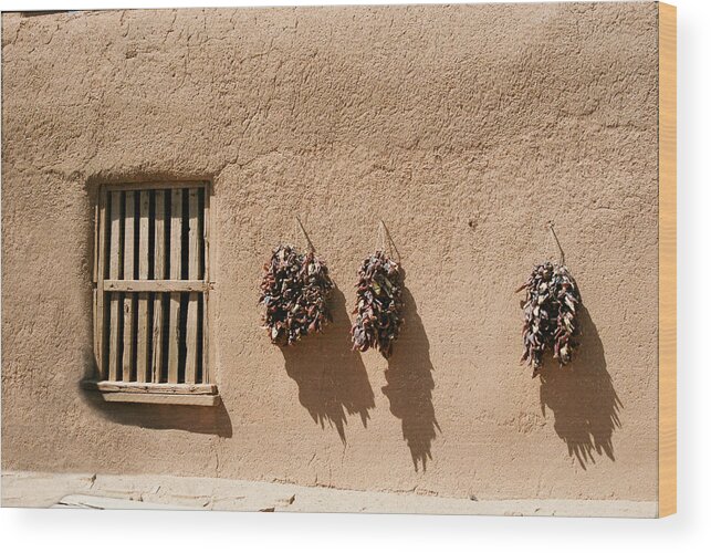 Santa Fe Wood Print featuring the photograph Ristras On Adobe Wall by Ron Weathers