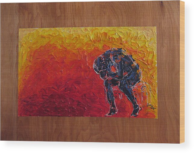 Figure Wood Print featuring the painting Agony Doubled Over in Flames on Wood Panel by M Zimmerman