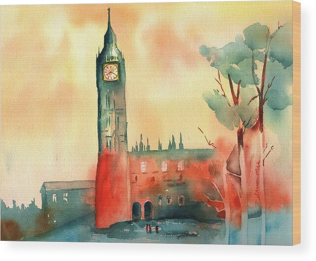 Sharon Mick Wood Print featuring the painting Big Ben  Elizabeth Tower by Sharon Mick