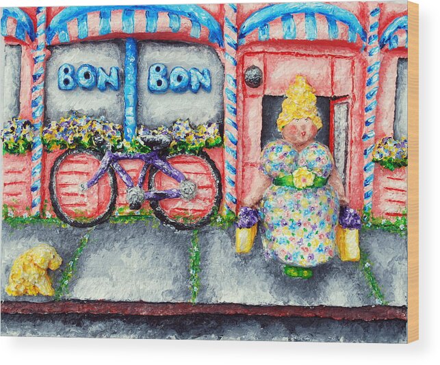 Pink Wood Print featuring the relief Bon Bon Betty by Alison Galvan