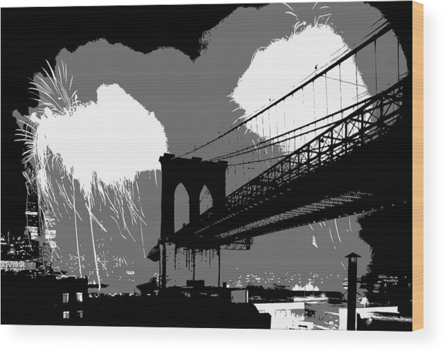 New York Wood Print featuring the photograph Brooklyn Bridge Fireworks BW3 by Scott Kelley