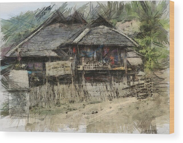Digital Art Wood Print featuring the digital art Burmese village house 2 by Fran Woods