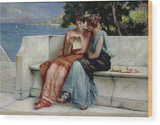 Female; Friends; Sharing; Secret; Letter; Confiding; Classical Costume; Coast; C19th; C20th; Mediterranean Landscape; Friendship; Laughing Wood Print featuring the painting Confidences by Guglielmo Zocchi