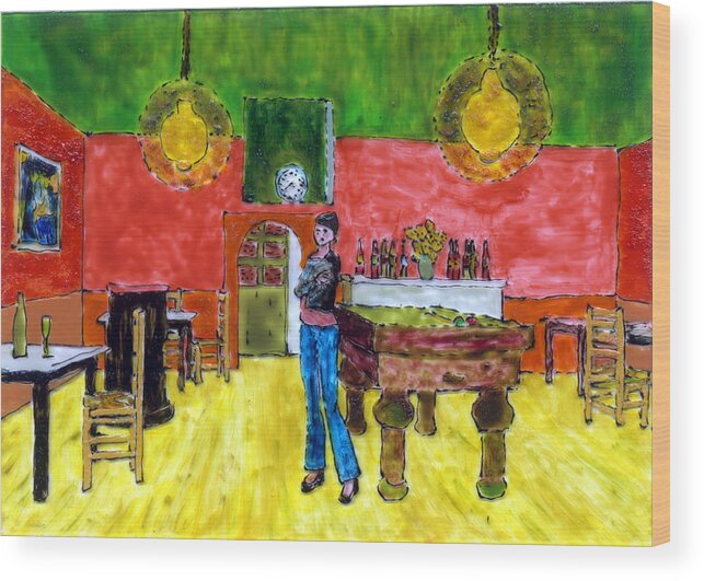 Cafe Wood Print featuring the painting Farrah Van Gogh by Phil Strang
