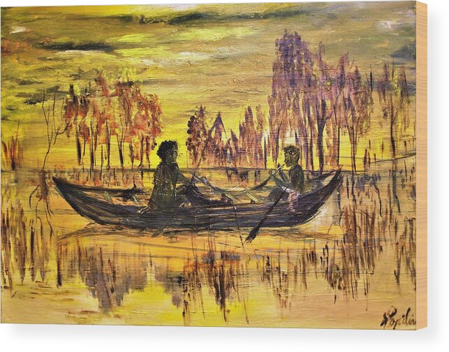 Sunset Wood Print featuring the painting Going Fishing by Evelina Popilian