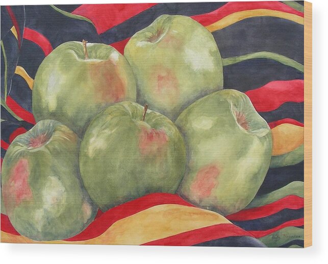 Granny Smith Apples Wood Print featuring the painting Grannies by Paula Robertson