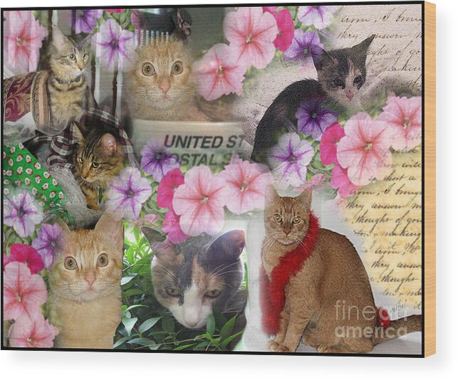Digital Collage Wood Print featuring the digital art Itty Bitty Kitties by Ruby Cross