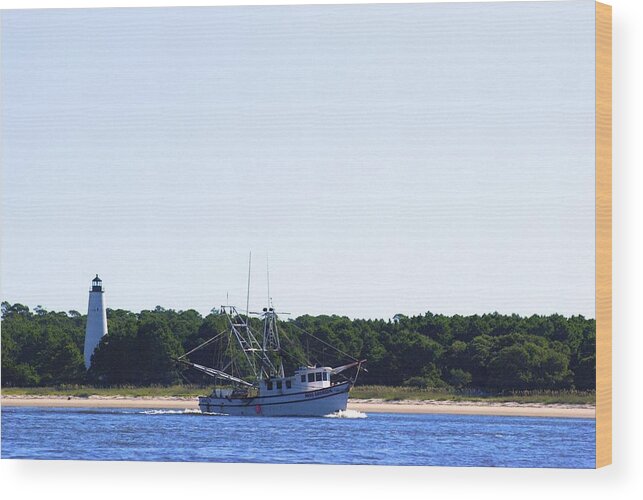 Boat Wood Print featuring the photograph Lighthouse and Shrimp Boat by Ralph Jones