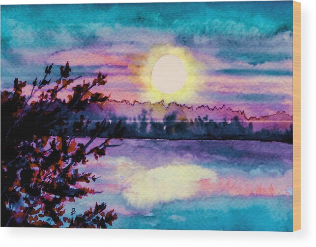 Watercolor Wood Print featuring the painting Maine October Sunset by Brenda Owen