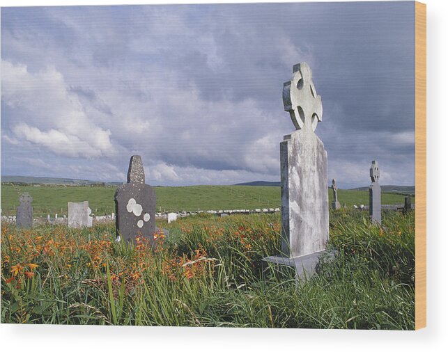 Headstones Wildflowers Blustery Skies Wood Print featuring the photograph Mayo Cemetery by John Farley