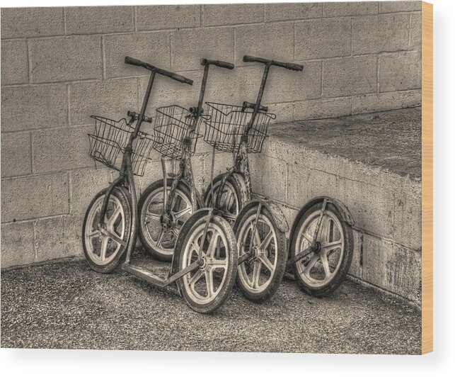 Amish Scooter Wood Print featuring the photograph Modern Old Ways in Black and White by Greg and Chrystal Mimbs