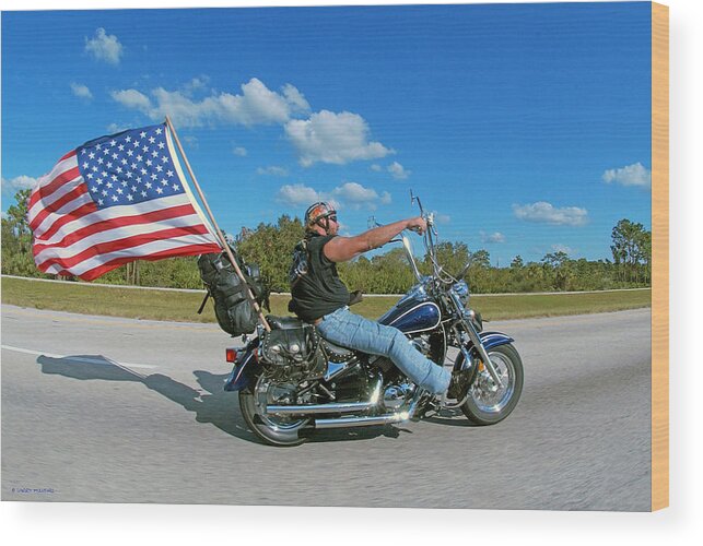 Motorcycle And Flag Wood Print featuring the photograph Motorcycle and Flag by Larry Mulvehill
