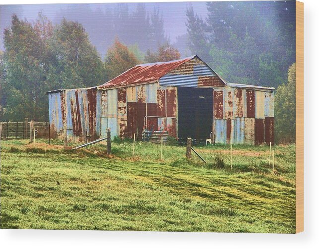 corrugated Iron Wood Print featuring the digital art Old barn in the mist by Fran Woods