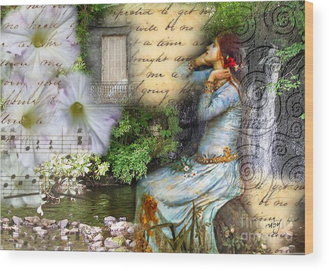 Art;digital Collage;vintage;lady;waterhouse;flowers;water;blue Wood Print featuring the digital art Ophelia in Nature by Ruby Cross