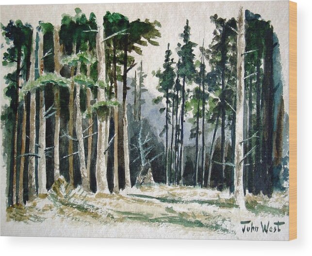 Landscape Wood Print featuring the painting Pine Forest by John West