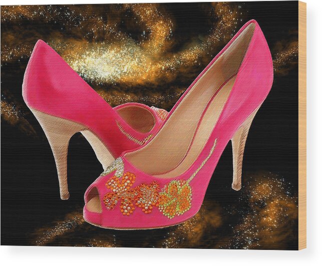 Shoes Heels Pumps Fashion Designer Feet Foot Shoe Stilettos Painting Paintings Illustration Illustrations Sketch Sketches Drawing Drawings Pump Stiletto Fetish Designer Fashion Boot Boots Footwear Sandal Sandals High+heels High+heel Women's+shoes Graphic Sophisticated Elegant Modern Wood Print featuring the painting Pink Peeptoe Pumps with Swarovski Crystals by Elaine Plesser
