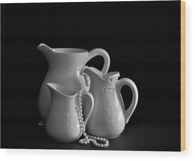 Still Life Wood Print featuring the photograph Pitchers by the Window in Black and White by Sherry Hallemeier