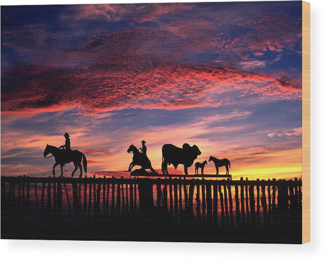 Cattle Wood Print featuring the photograph Texas Ranch Gate at Sunrise by David and Carol Kelly