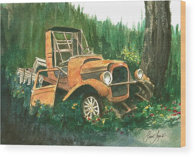 Vintage Wood Print featuring the painting Run Down Pick Up by Frank SantAgata