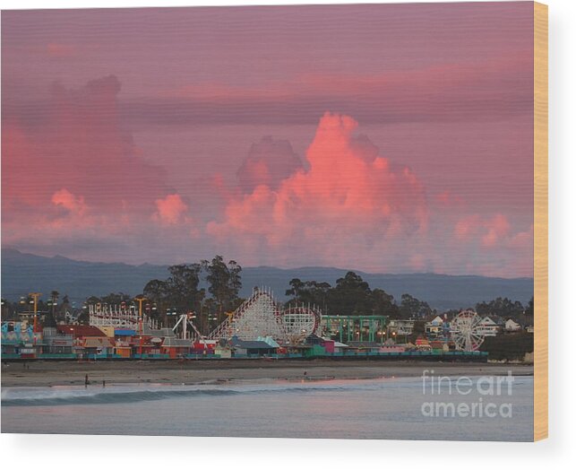 Pink Skies Wood Print featuring the photograph Santa Cruz beach boardwalk by Garnett Jaeger