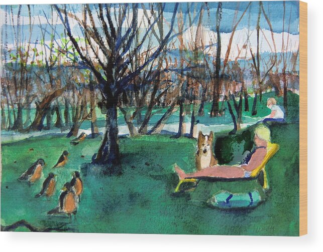 Robins Wood Print featuring the painting Sunbathing with Friends by Mindy Newman