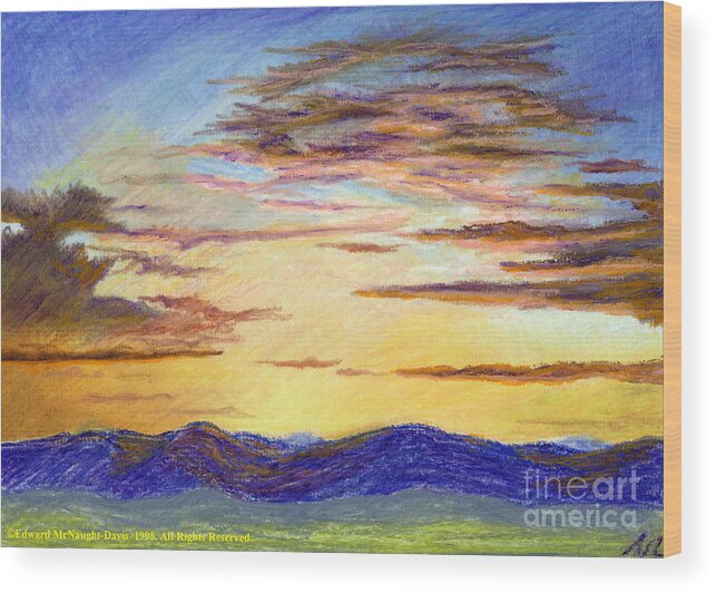 Spiritual Light Sunset Over Preseli Mountains Wood Print featuring the pastel Spiritual Light Sunset Over Presili Mountains Oil Pastel Painting by Edward McNaught-Davis