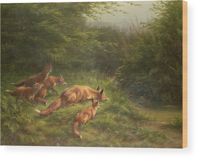 Foxes Wood Print featuring the painting Foxes waiting for the prey by Carl Friedrich Deiker by Carl Friedrich Deiker