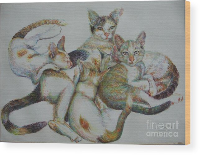 Cats Wood Print featuring the painting The Family by Sukalya Chearanantana