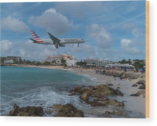 American Airlines Wood Print featuring the photograph American Airlines landing at St. Maarten #1 by David Gleeson